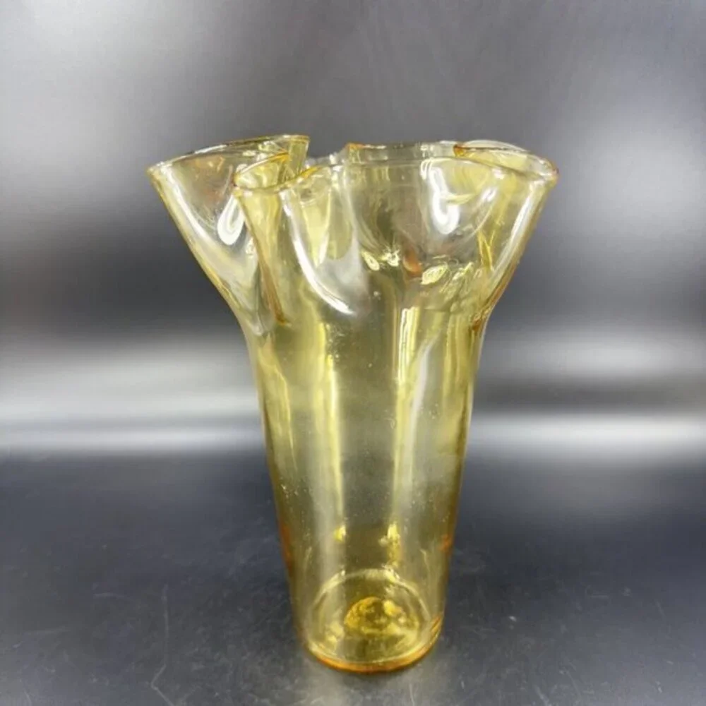 Mid Century Amber Art Glass Vase With Ruffled Top Edges‎ Hand Blown Glass Decor